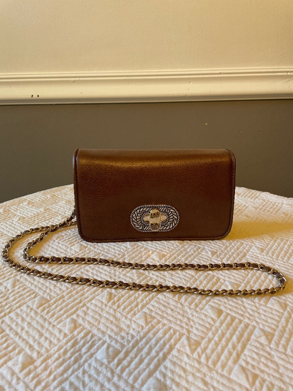 Aimee Kestenberg After Hours espresso brown leather crossbody bag gold chain